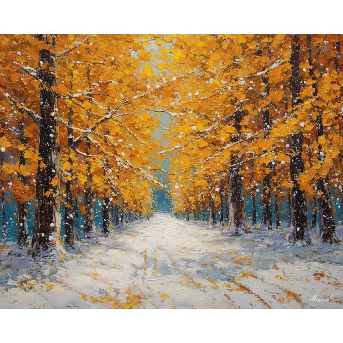 first snow painting, early winter forest, autumn trees in snow, palette knife landscape, textured oil painting, seasonal nature art