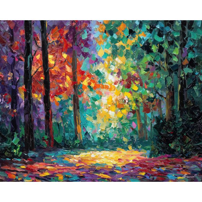 rainbow forest painting, colorful woodland, multicolor leaves, vibrant forest art, palette knife oil, textured landscape decor