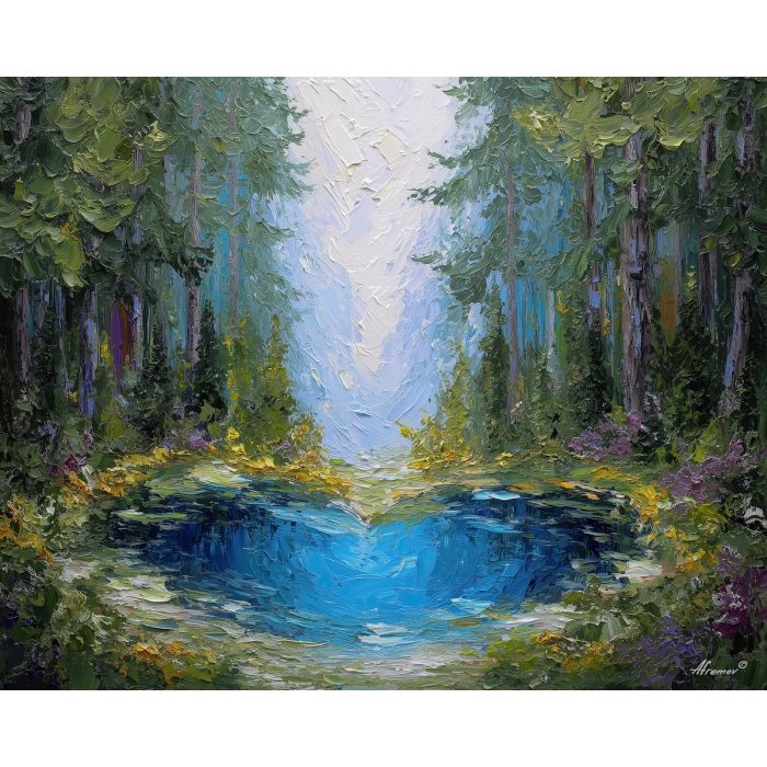 blue forest pool, woodland water scene, bright blue landscape, palette knife oil painting, textured forest decor