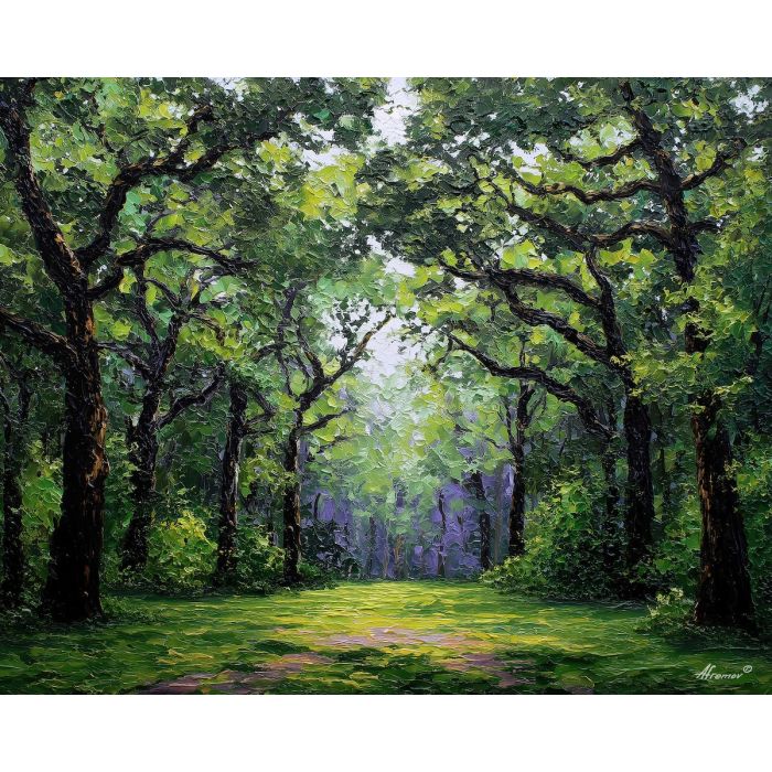 deep forest painting, dark green woodland, soft shadows, palette knife texture, lush forest decor, nature oil painting