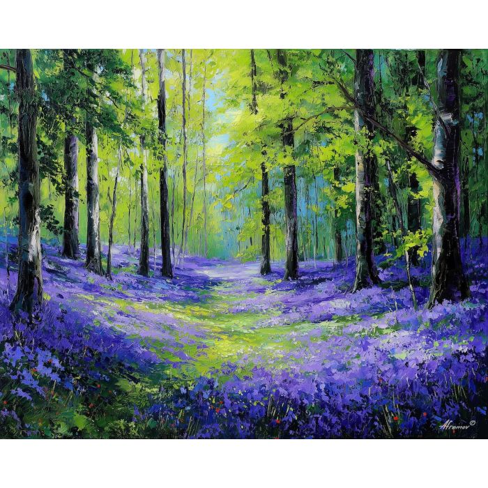 bluebell forest painting, violet flowers art, spring woodland, palette knife oil painting, textured nature decor, lush forest floor