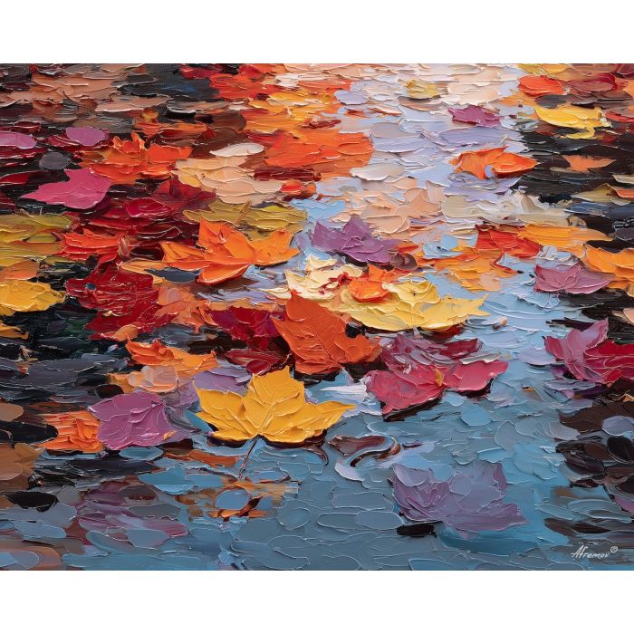 autumn reflection painting, fall pond art, forest water reflections, orange leaves, palette knife nature art, textured landscape