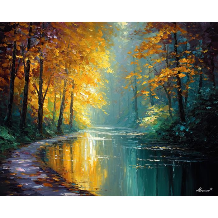 clear water forest, transparent stream art, woodland creek, palette knife oil, textured nature painting