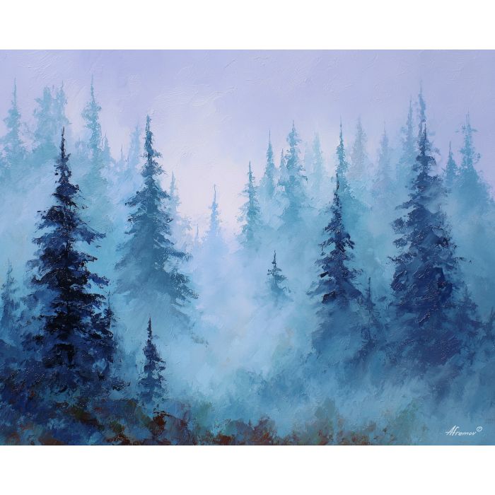 misty forest painting, fog landscape art, blue pine forest, cool tone decor, palette knife oil, textured artwork, dawn woods, nature art print, moody forest wall art