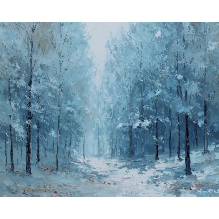 winter forest painting, frosted trees, icy blue forest art, cold landscape, palette knife winter, textured oil artwork