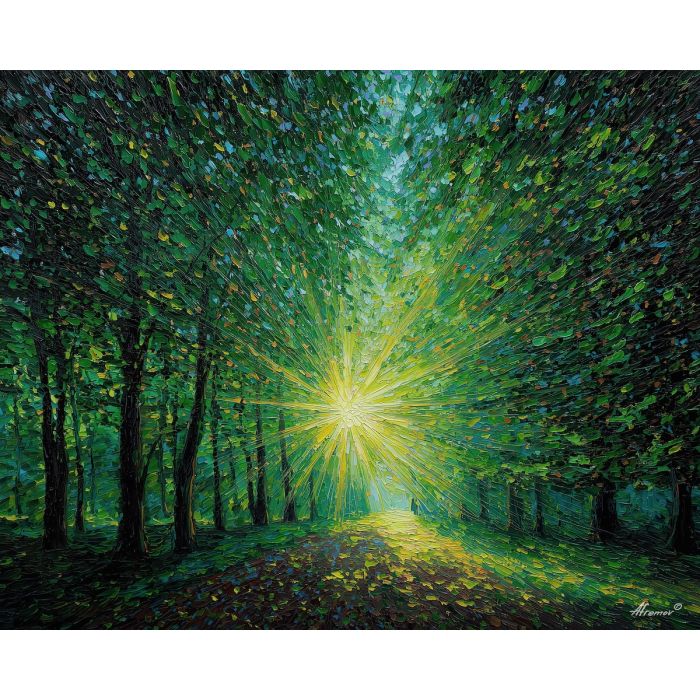 forest sunlight painting, bright forest art, green canopy, yellow sun rays, palette knife landscape, textured oil painting, nature wall art, woodland glow