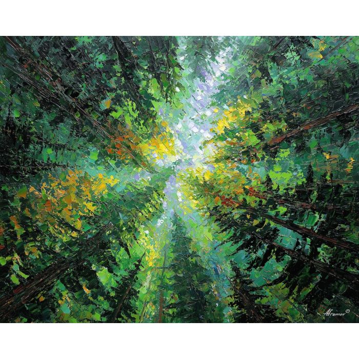 emerald forest painting, green light art, flickering leaves, palette knife oil painting, vibrant woodland decor