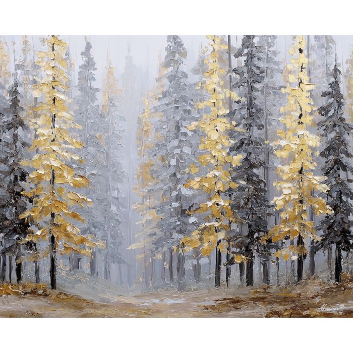 golden forest painting, pine woodland art, warm forest haze, palette knife oil painting, textured nature landscape