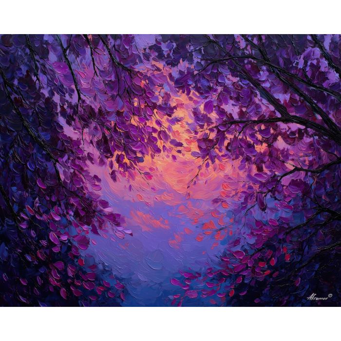 violet forest painting, lavender canopy, dusk forest art, purple woodland decor, palette knife texture, atmospheric forest scene