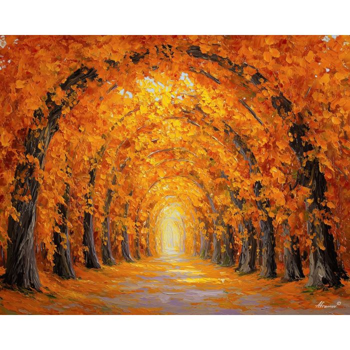 autumn archway, orange forest painting, fall light corridor, warm woodland decor, palette knife landscape, textured oil painting