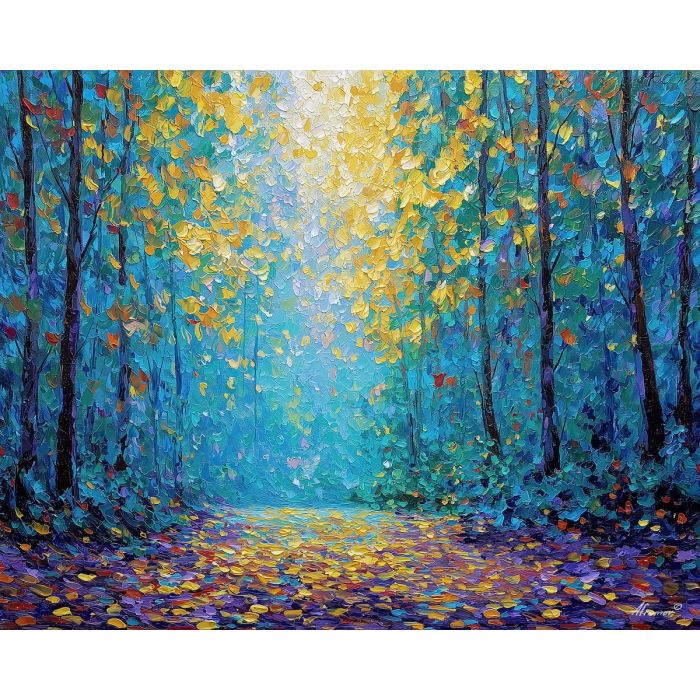 forest clearing painting, bright glade art, green forest decor, palette knife artwork, textured oil painting, peaceful nature art, woodland light scene
