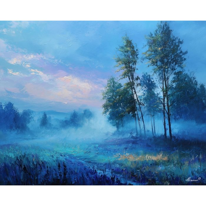 blue forest painting, misty morning woods, sapphire tones, palette knife landscape, cool forest decor, textured oil artwork