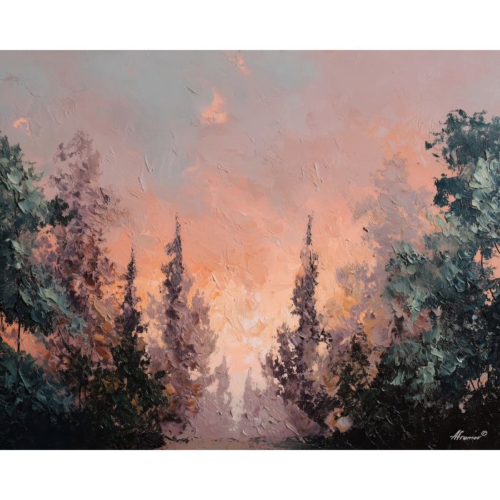 peach sky painting, dawn forest art, pastel woodland, palette knife sunrise, textured forest landscape, warm nature decor