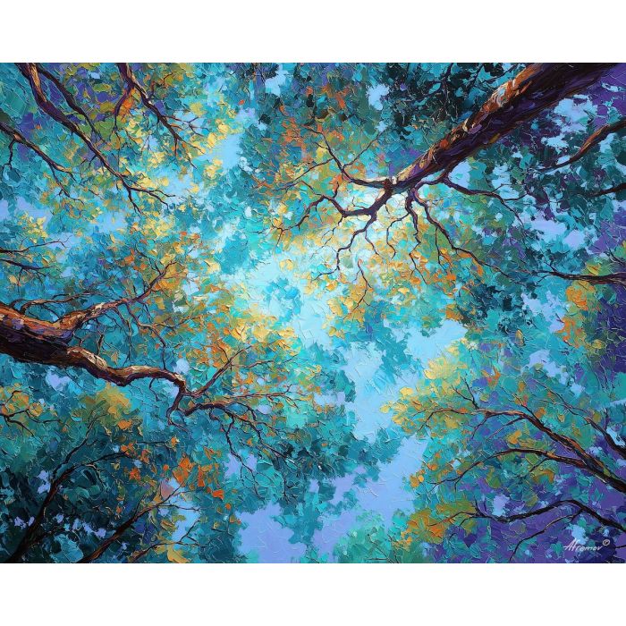 turquoise forest painting, teal leaves art, bright canopy woodland, palette knife oil, textured nature painting