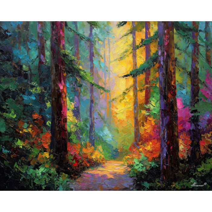 evergreen forest, green forest painting, emerald trail art, palette knife texture, woodland path, nature landscape decor, textured oil painting