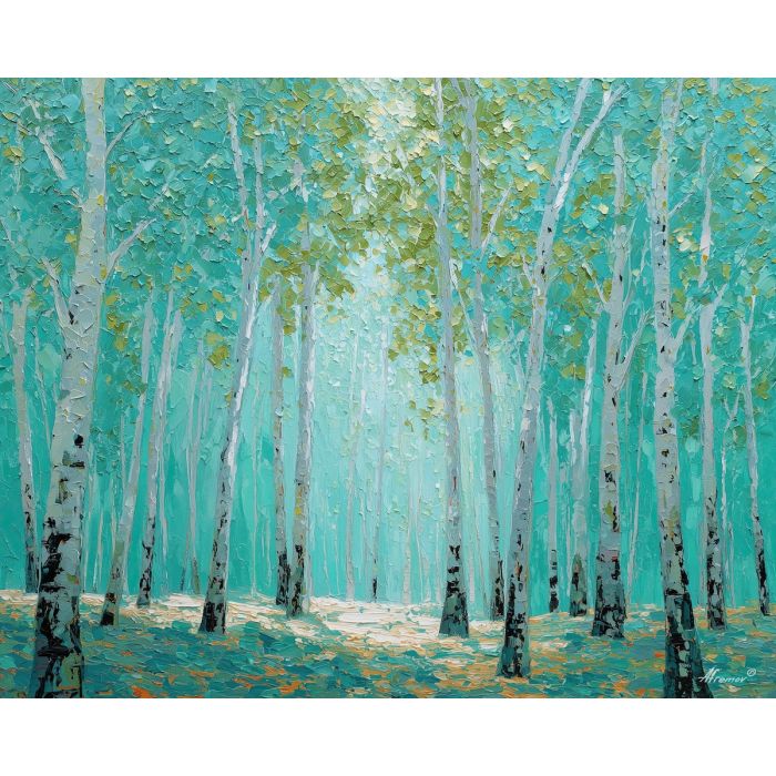 turquoise forest, aqua sky painting, green forest art, palette knife landscape, textured oil painting, nature decor, atmospheric woods