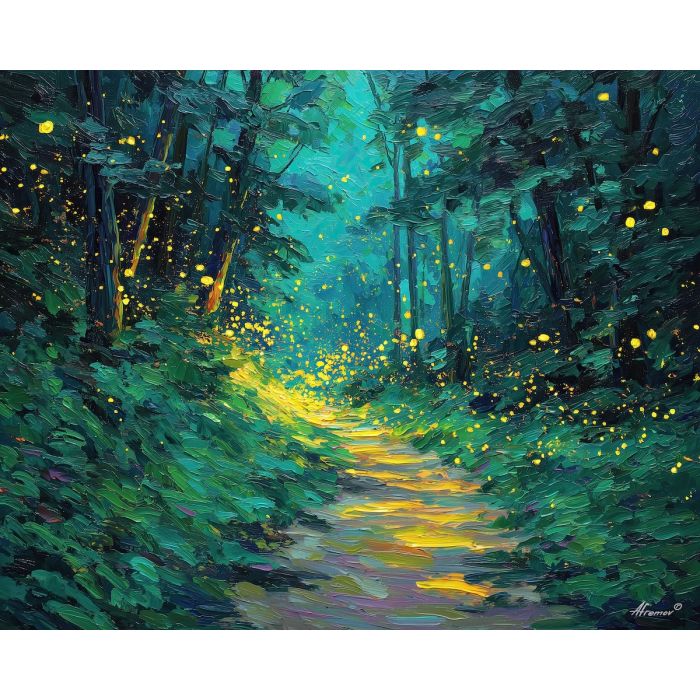 firefly forest painting, glowing lights woodland, green forest night, palette knife night landscape, textured nature artwork