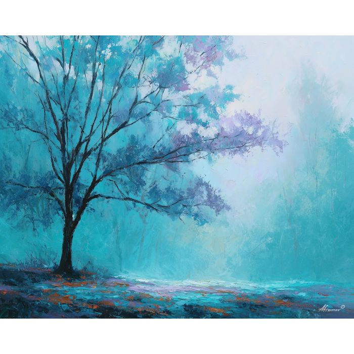 turquoise forest painting, mint fog art, soft mist woodland, cool color palette, palette knife forest, textured oil landscape, atmospheric trees