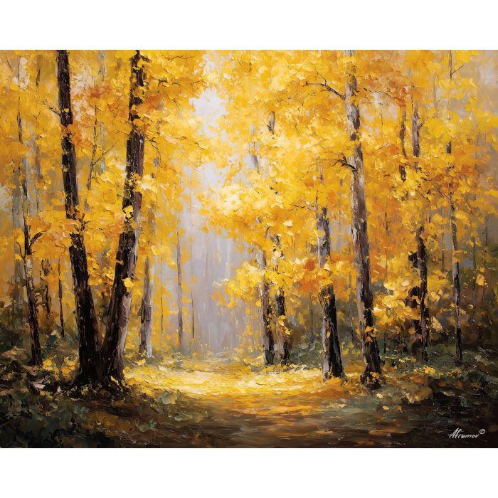golden forest painting, soft light woodland, warm forest decor, palette knife oil painting, textured nature scene