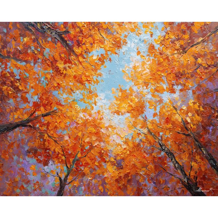 orange forest painting, autumn canopy, fiery tree leaves, fall forest decor, palette knife oil painting, textured landscape