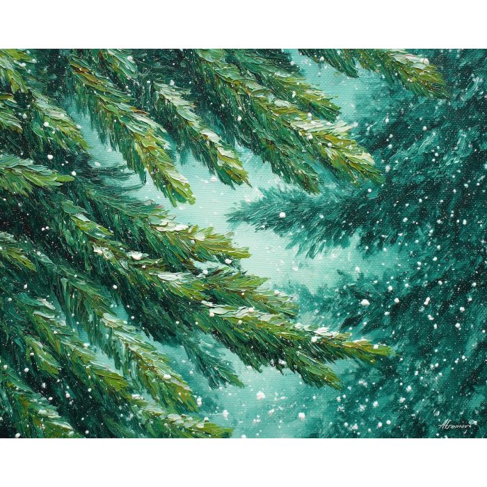 snowy evergreen painting, winter forest art, snowflakes on pines, palette knife winter, textured cold landscape, green forest decor