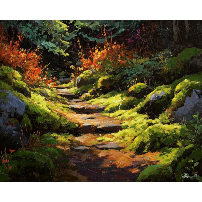 mossy forest painting, rusty foliage art, woodland path, warm forest decor, palette knife oil painting, textured trees