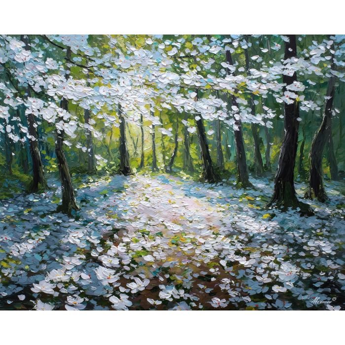 blossom forest painting, white petals art, spring forest decor, soft nature landscape, palette knife artwork, textured floral forest