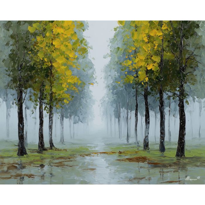 fog forest painting, gray mist woodland, moody forest art, palette knife oil painting, soft nature decor