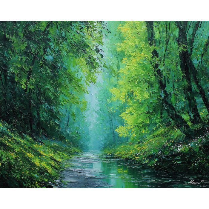 deep green forest, emerald woodland art, tranquil forest painting, palette knife oil, textured landscape decor, nature artwork