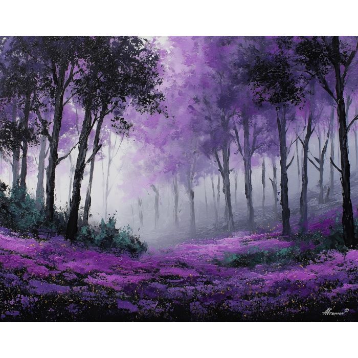 purple fog painting, lavender forest, misty woods, moody landscape, palette knife forest, textured oil art, atmospheric landscape decor