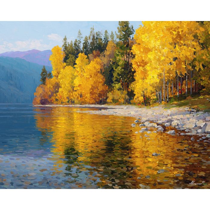 autumn lake, golden leaves, amber forest, yellow treeline, topaz reflections, warm lake water, fall landscape, apricot foliage, textured leaves, pale violet mountains, honey-toned water, fall colors, lakeside sunset, shimmering reflections, palette-knife lake, autumn horizon, glowing forest, amber tones, serene water scene, warm autumn palette