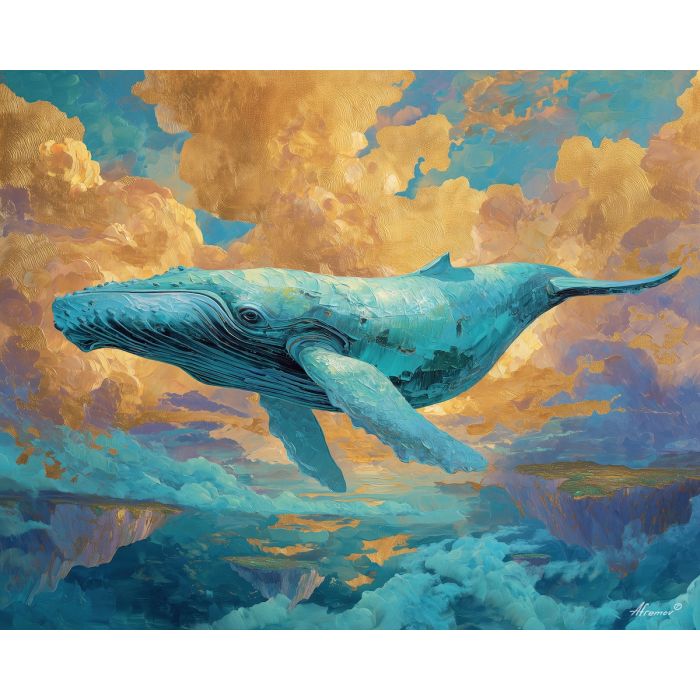 sky whale, turquoise mist, teal clouds, golden sky, surreal creature, floating islands, aqua gradients, shimmering whale, cloud ocean, surreal sky world, mist creature, teal highlights, luminous fantasy, palette-knife surrealism, celestial whale, silver-blue glow, surreal cloudscape, dreamy atmosphere, floating shadows, fantasy sky