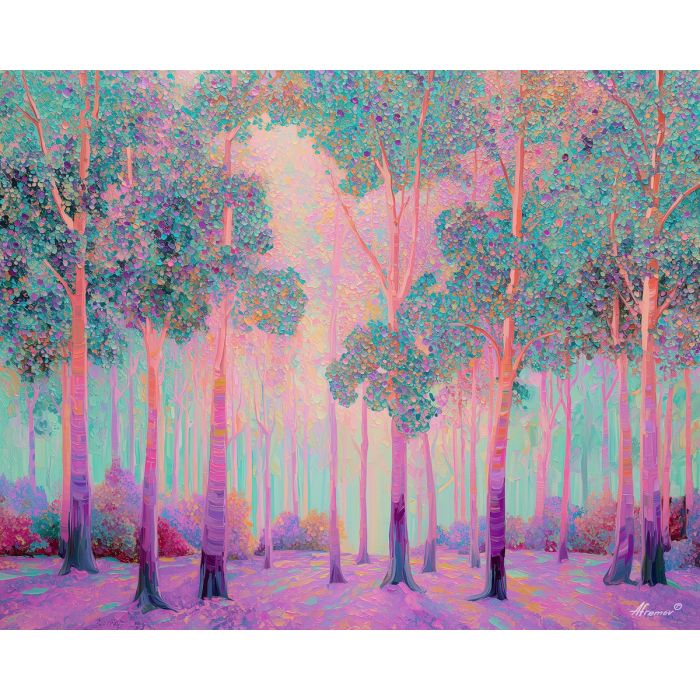 opal forest, iridescent trees, pastel landscape, pearl tones, mint trunks, rose highlights, aqua shimmer, glowing leaves, surreal forest, gemstone colors, iridescent patterns, pastel underbrush, dreamlike woods, palette-knife opal, ethereal glow, opal colors, surreal nature, gemstone trees, luminous forest, soft glow scenery