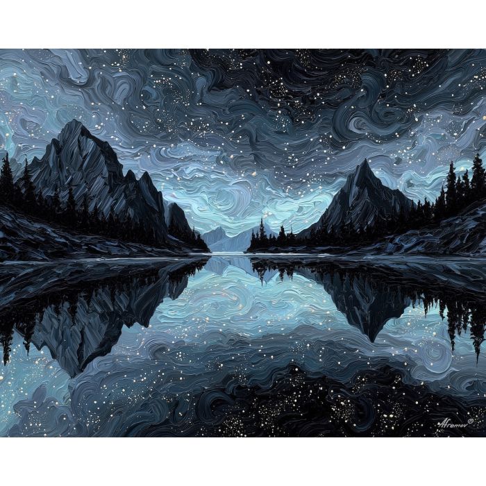 obsidian sky, mirror lake, surreal reflection, black mountains, silver stars, cerulean sky, night mirror, cosmic reflection, symmetrical landscape, glowing constellations, deep sapphire tones, surreal horizon, polished nightstone, reflective world, palette-knife night, surreal symmetry, dark landscape glow, night sky lake, fantasy mountains, mirrorworld