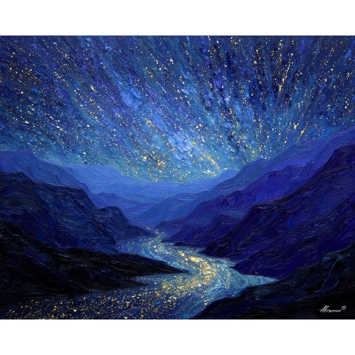 shattered stars, cosmic rain, glowing shards, midnight valley, silver starlight, blue cosmic mist, falling stars, surreal sky, celestial fragments, luminous stones, violet haze, fantasy universe, glowing valley, starfall scene, palette-knife cosmic, ethereal atmosphere, broken light, cosmic landscape, shimmering night, surreal cosmos