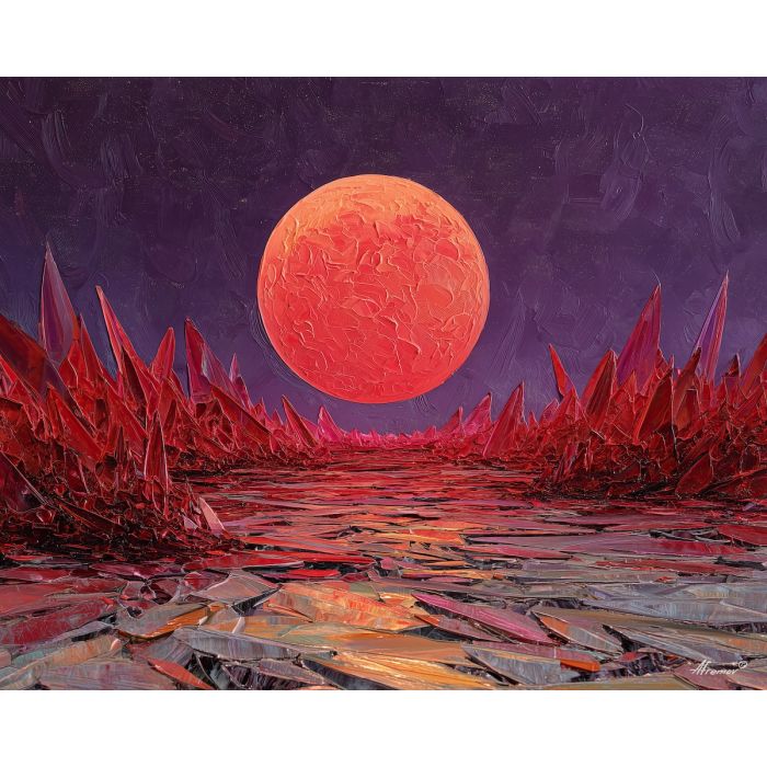 crimson moon, glass desert, crystal dunes, ruby reflections, magenta sky, surreal desert, neon pink clouds, shattered landscape, glowing sand, surreal moonrise, violet horizon, reflective glass, surreal cosmic scene, red firelight, intense desert colors, palette-knife surreal, luminous dunes, fantasy moon, dream desert, ruby landscape