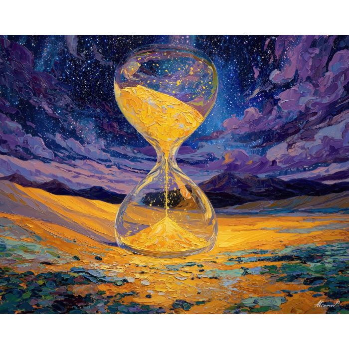 golden hourglass, surreal desert, amber sand, glowing dunes, cosmic sky, violet stars, transparent hourglass, liquid light, surreal time, celestial desert, gold landscape, fantasy sandscape, glowing amber tones, cosmic reflections, palette-knife surreal, luminous desert scene, surreal space world, warm gold hues, hourglass landscape, suspended time