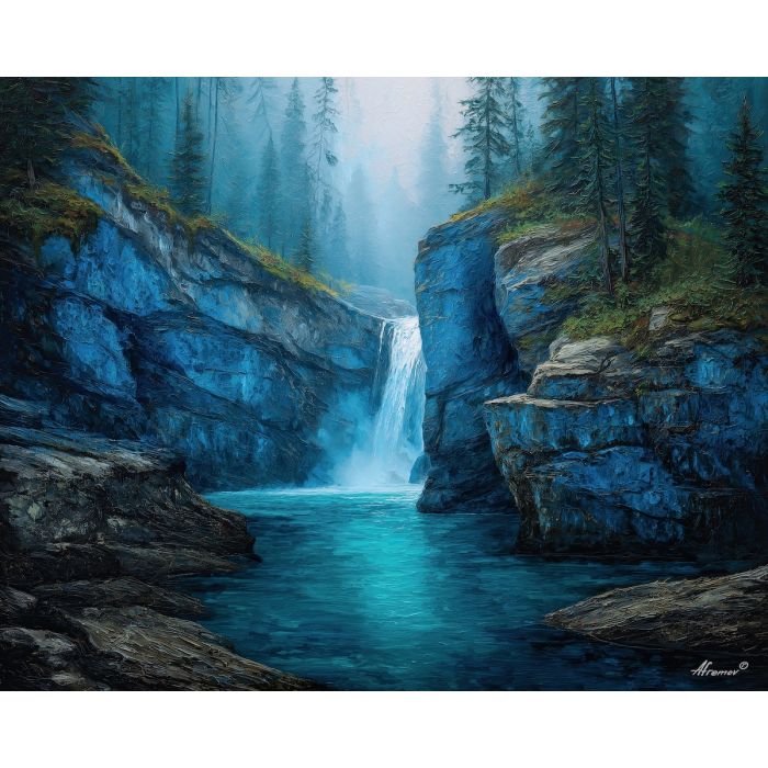 sapphire waterfall, cobalt cliffs, turquoise water, deep blue stone, silver mist, emerald moss, glowing cascade, tranquil pool, blue landscape, waterfall sanctuary, textured rocks, teal highlights, misty waterfall, palette-knife water, vibrant blue tones, natural cliff light, mystical landscape, sapphire canyon, serene water scene, atmospheric waterfall