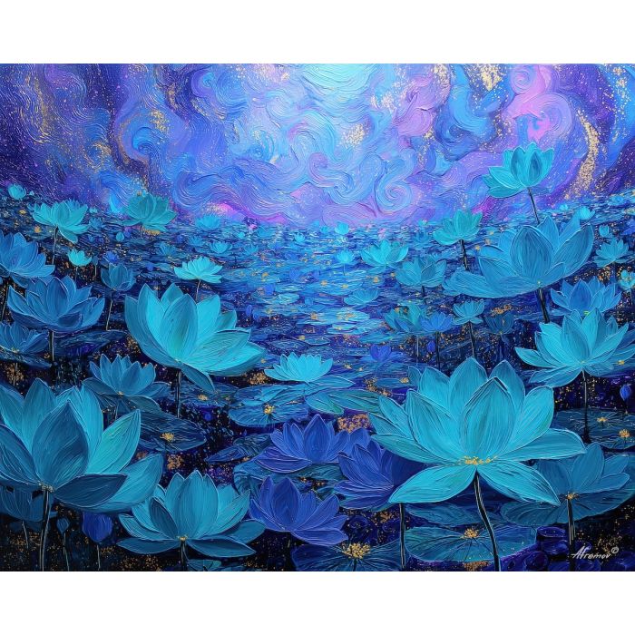glowing lotus flowers, surreal ocean, luminous petals, turquoise glow, iridescent water, fantasy lotus field, glass-like petals, violet reflections, teal shimmer, twilight sky, surreal water world, lotus sea, pastel spiral clouds, dreamlike glow, palette-knife petals, luminous nature, turquoise lotuses, serene surreal scene, glowing flora, enchanted water