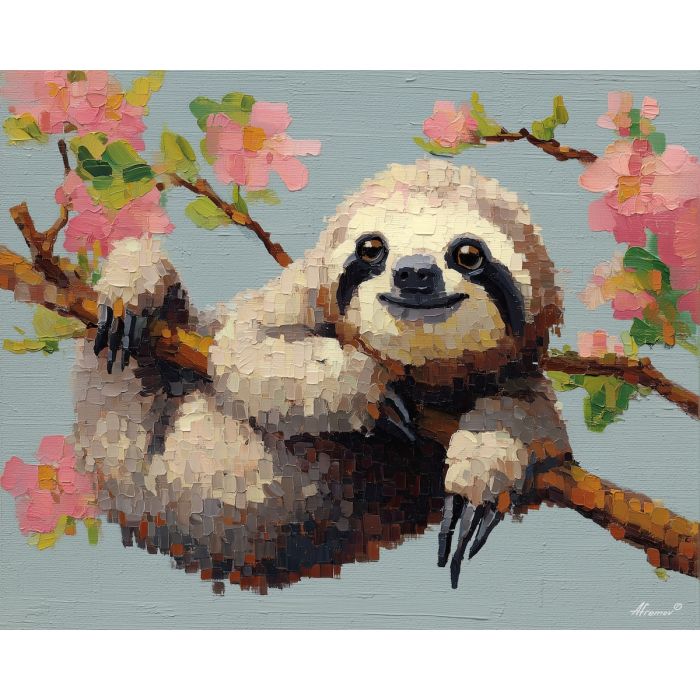 kawaii sloth pixel, sleepy animal sprite, hanging sloth, pastel tones, cute blinking eyes, tiny sloth character, chibi creature, minimal pixel design