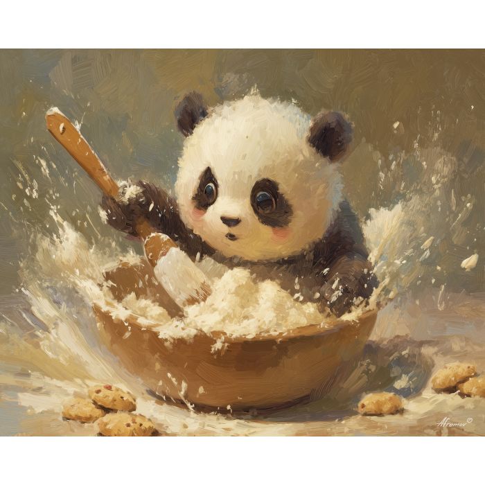 kawaii panda pixel, panda baking, cookie dough, tiny mixing bowl, chibi kitchen activity, baking panda, cute cooking scene, pastel panda art