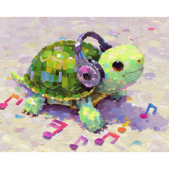 kawaii turtle pixel, turtle listening to music, pixel headphones, musical notes sprite, adorable turtle character, chibi animal music