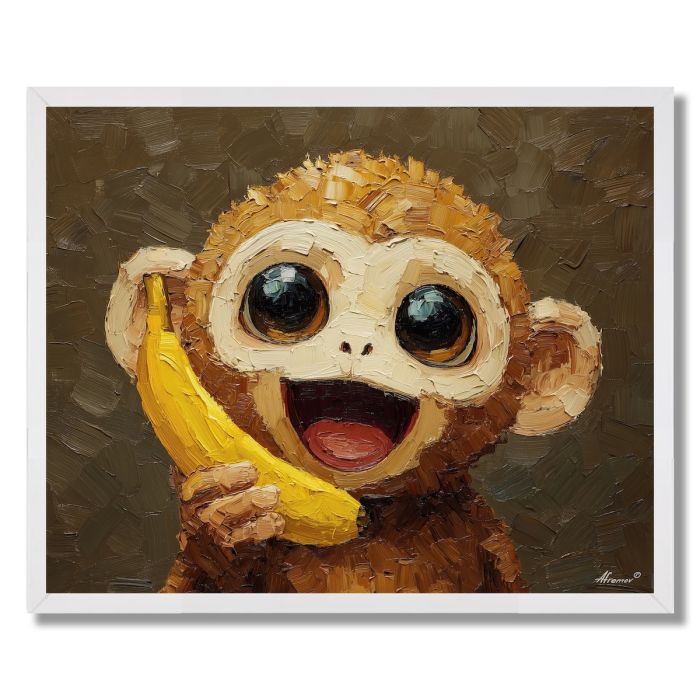 KAWAII MONKEY EATING A BANANA - FRAMED
