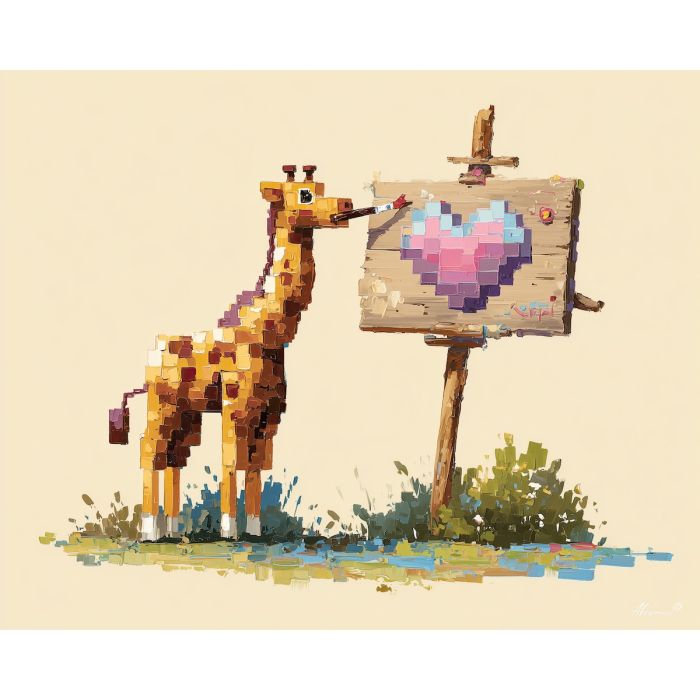 kawaii giraffe pixel, painting giraffe, pastel heart art, pixel signboard, cute creative animal, chibi giraffe activity, adorable pixel art