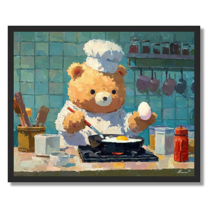 KAWAII BEAR COOKING BREAKFAST - FRAMED
