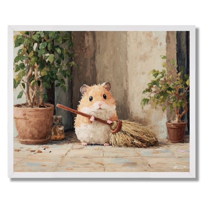 KAWAII HAMSTER SWEEPING - FRAMED