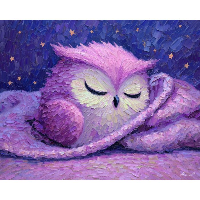 kawaii owl pixel, sleeping owl, pixel blanket, star pattern, pastel purple bird, cozy animal sprite, adorable bedtime art