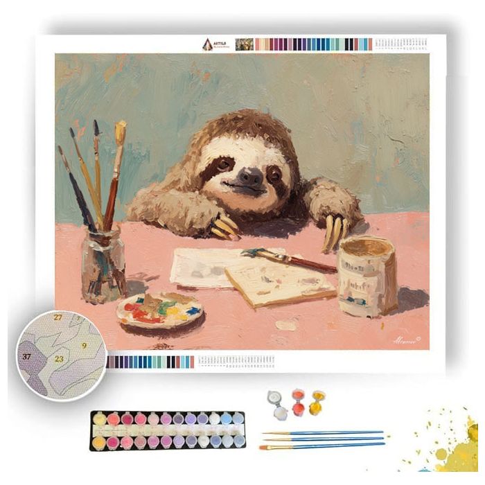 KAWAII SLOTH WORKING AT DESK - Paint by Numbers Full Kit
