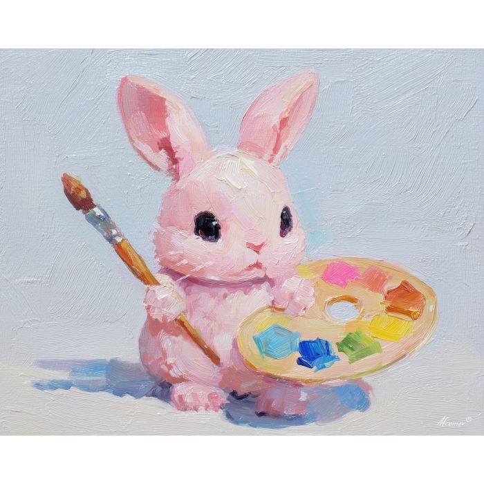 kawaii bunny pixel, painting bunny, creative rabbit, pastel rabbit, chibi art animal, tiny brush sprite, rainbow palette pixel, art activity