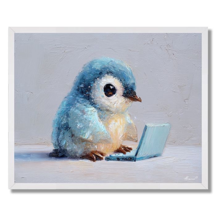 KAWAII PENGUIN WORKING ON LAPTOP - FRAMED